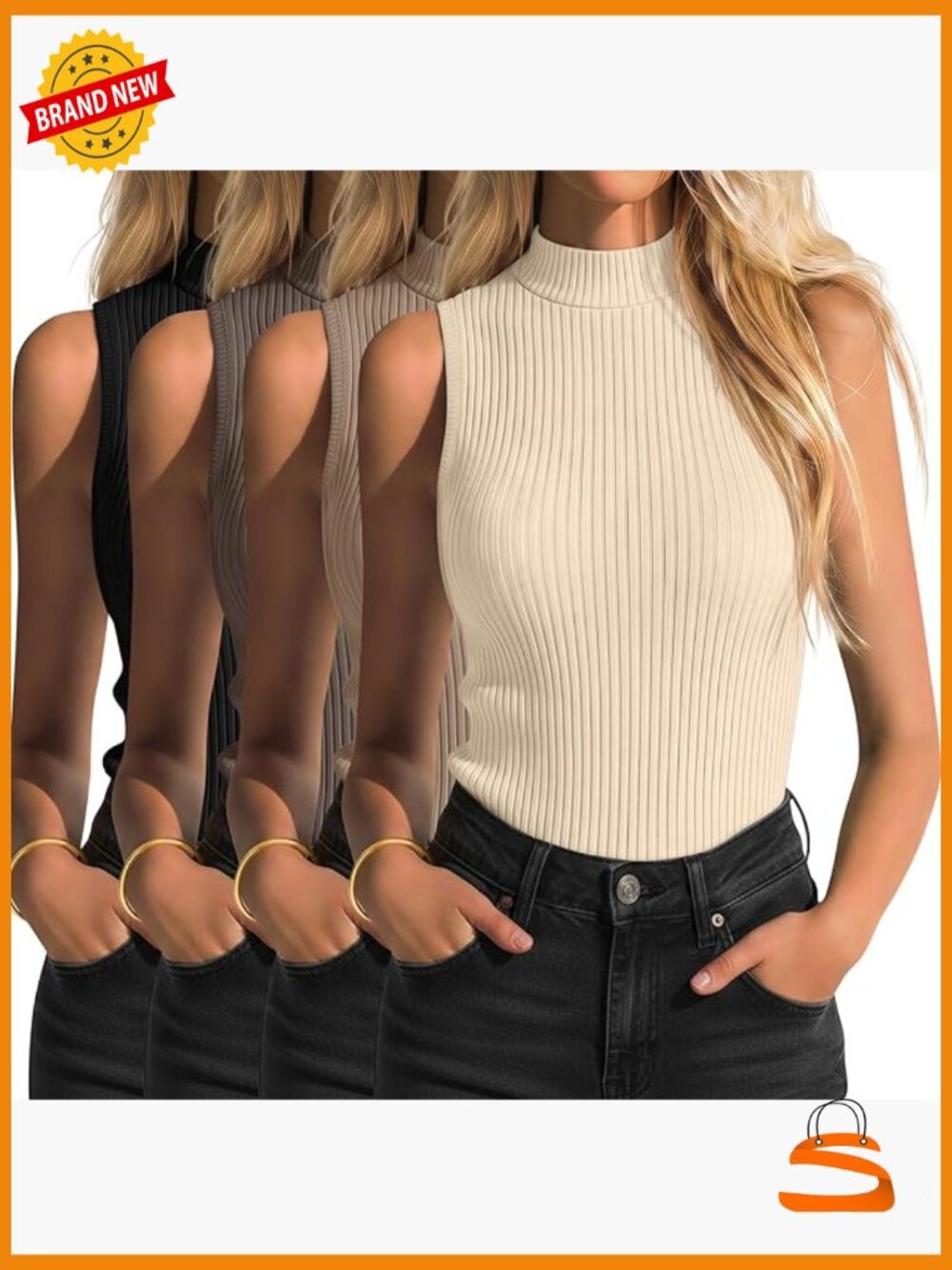 4 Pack Sleeveless Mock Turtleneck Ribbed Tank Tops Basic Business Tees